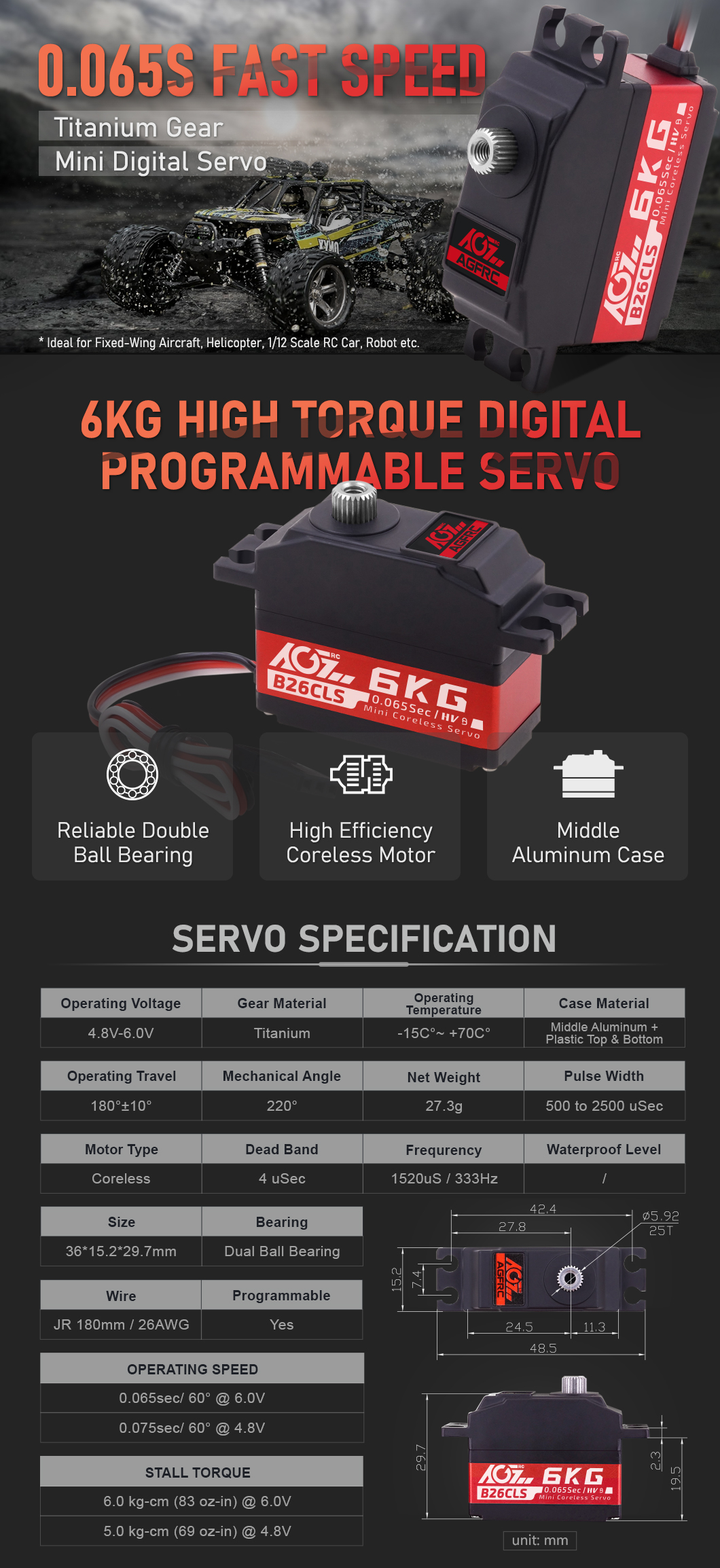 Hot Sales AGFRC B26CLM 0.065s Fast Speed 6KG 6.0V Metal Gear Coreless Digital Programmable Mini Servo RC Car Helicopter Robot