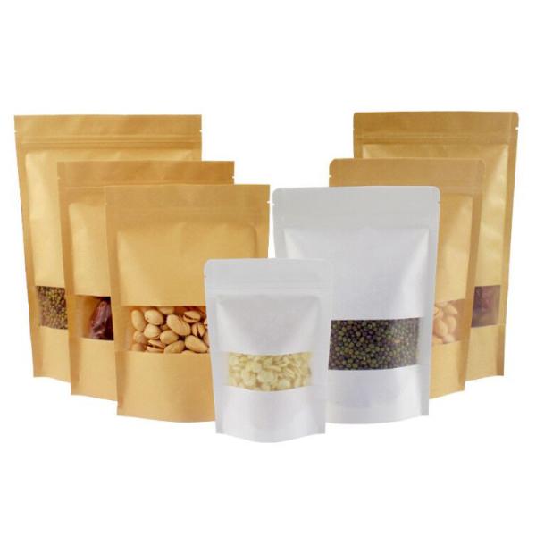 Resealable Zipper And Clear Window  Compostable Stand Up Pouches Natural Kraft Paper Stand Up