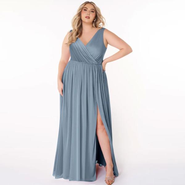 Elegant A-Line Front Split Slit Sky Blue Chiffon V-Neck Sleeveless Pleated  Backless Plus Size YKK Zipper