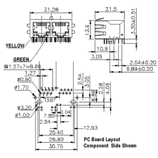 62F-1201YGD2NL 1X2 RJ45 Connector With 10/100 Base-TX Magnetic