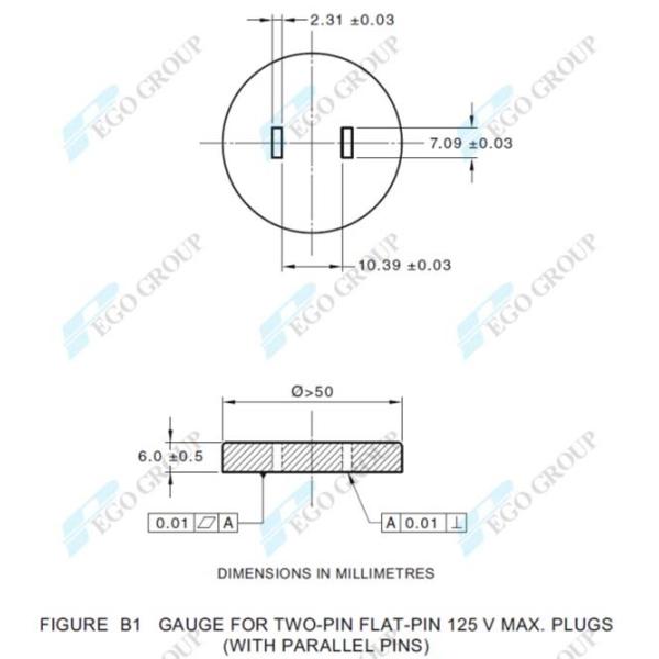 Two-Pin Flat-Pin Plug Gauge for AS/NZS 3112 Figure B1 and Clauses 2.8.1 2.13.7.2 Inspection Dimension and Straightness