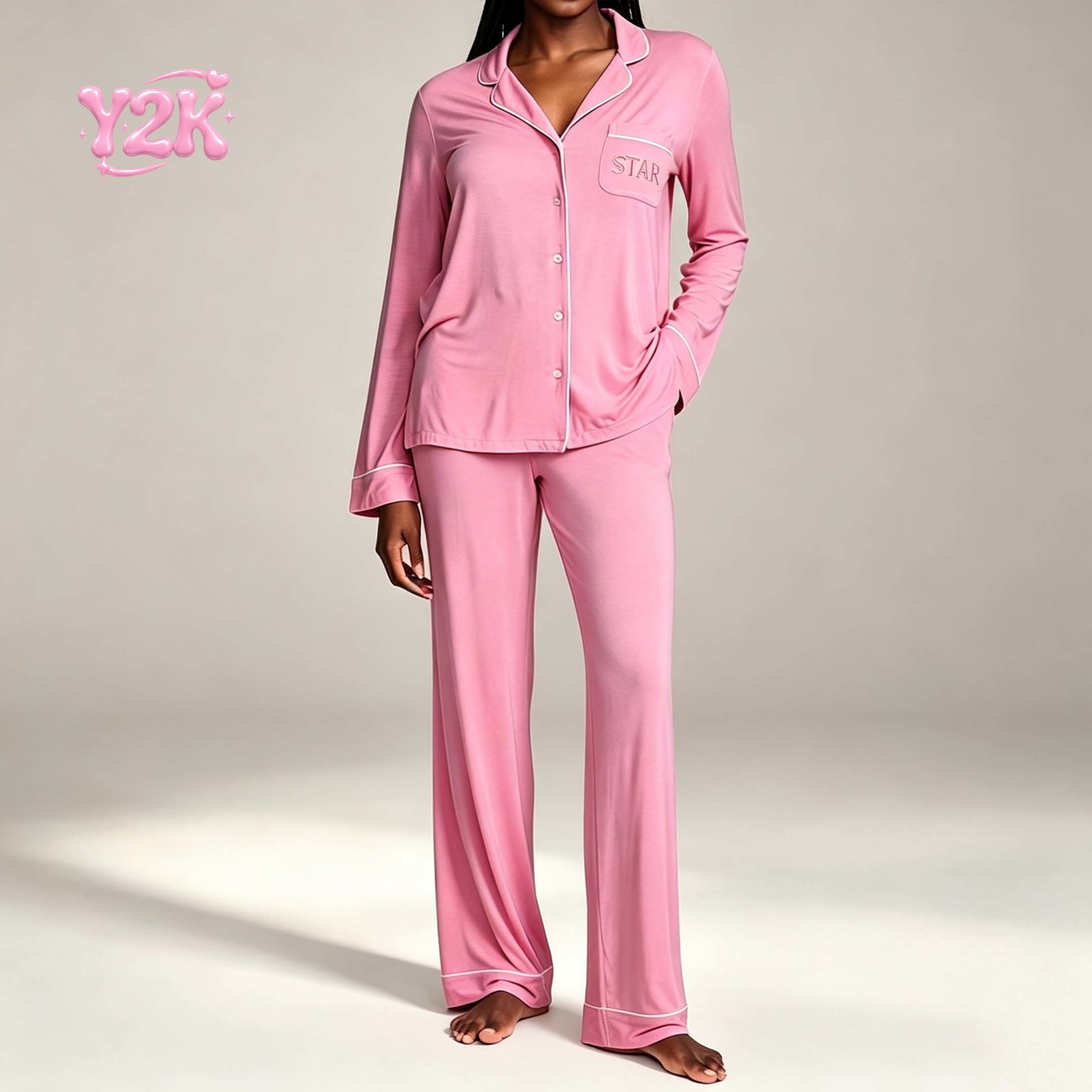 Custom Women's Contrast Piping Shirt Wide Leg Pajama Set