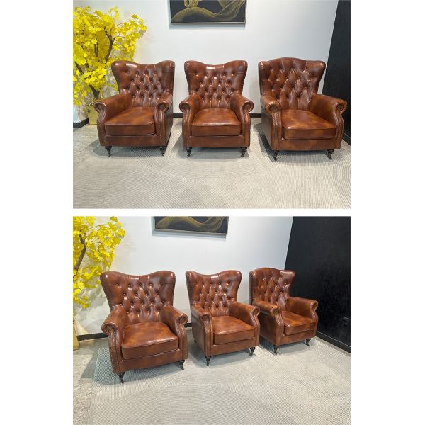 Nidea #8826 Foshan Factory Custom-Made American-Style Retro High-Back Tiger Chair Genuine Leather Leisure Sofa  Chair Bedroom Living