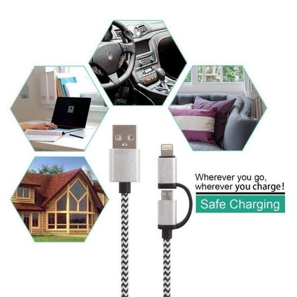 2-In-1 Durable Lightning To USB Data Sync Charging Cable , Cell Phone Usb Power Cable