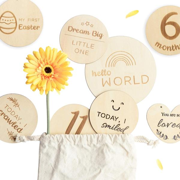 Custom Baby Milestone Cards 12 Pieces Baby Milestone Cards Wooden Commemorate Baby Birth Monthly Recording Card