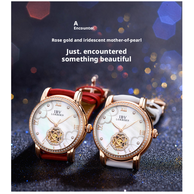 Rose Gold Skeleton Mechanical Ladies Watch Mother Of Pearl Dial Crystal Bezel Genuine Leather Strap 3 Colors Luxury Women Dress Wrist Watch Gift