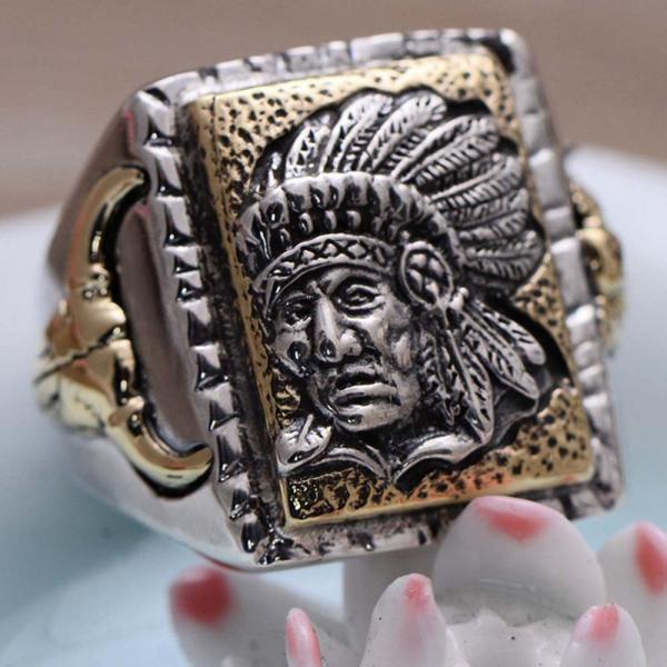Men Antique Indian Chief 2 Tone Golden Sterling Silver Ring (058843)