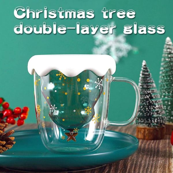 Nordic Design Double Wall Glass Mug Merry Christmas Santa Tree Coffee Mug 300ml