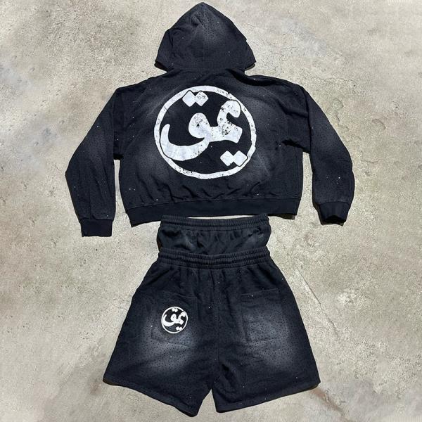 Custom Cotton Full Rhinestone Zip up Sun Faded Double Waisted Baggy Acid Wash Sweat Shorts Set Hoodie and Shorts Set for Men
