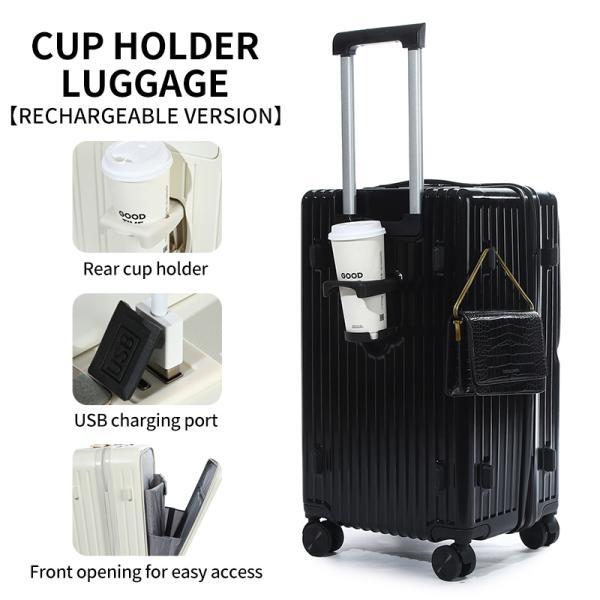 Front-Opening Pocket Laptop Suitcase with USB Power Port | Cabin Size (Black, 20-inch) | Suitcase Supplier Features Hidden Cup Holder | PC Hard-Shell Suitcase