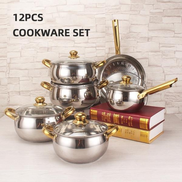 Best Selling Stainless Steel Cookware Set 12pcs Double Layer Cooking Pot Set With Golden Handle