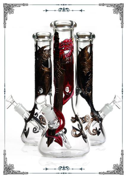 PHOENIX STAR 7MM Beaker Glass Bongs Smoking Water Pipe With Dragon Cooper Art On Glass