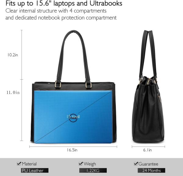 LAPTOP TOTE BAG FOR WOMEN 15.6 INCH WATERPROOF LEATHER COMPUTER BAGS BUSINESS OFFICE WORK BRIEFCASE BLACK