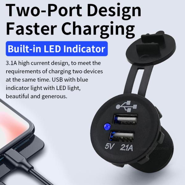 2 In 1 12V -24V Car / Motorcycle USB Charger Dual Usb Port Morfayer