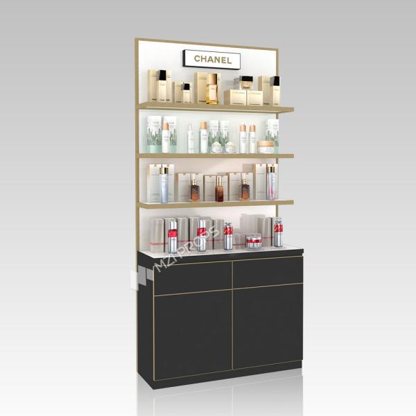 Présentoir cosmétique personnalisable de haute qualité en bois et fer, meubles de magasin de soins de la peau avec bandes lumineuses LED pour la conception de magasins de marques de beauté