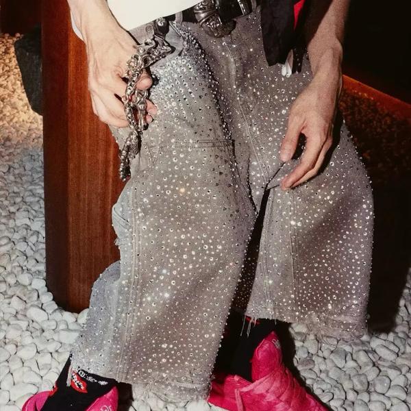 Pantalones cortos de ropa callejera con impresión en todo el cuerpo, de piedra rínica, denim, diamantes, cortos, ecológicos.