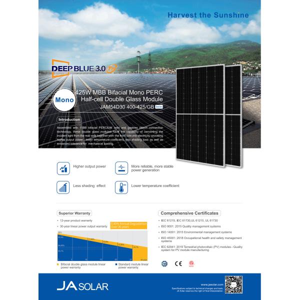 PERC JA Солнечная панель 108 ячеек Моно Харф ячейка MBB 400W 405W 410W 415W 420W 425W 450W GB двойного стекла