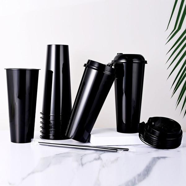 24 oz Black PP Cup Reusable Cold Water Drink Coffee Mug Tumbler Plastic Cups with Lids and Straws