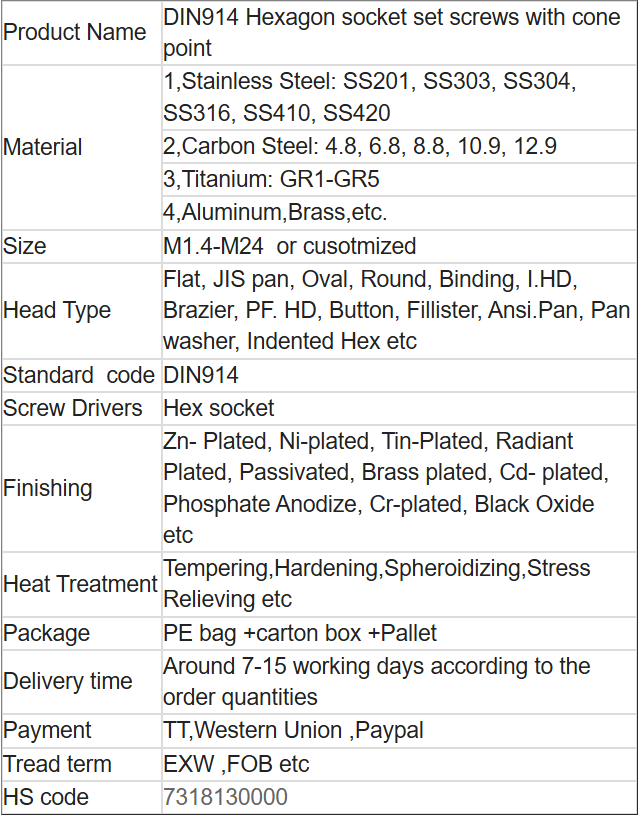 DIN914 Hexagon socket set screws with cone point