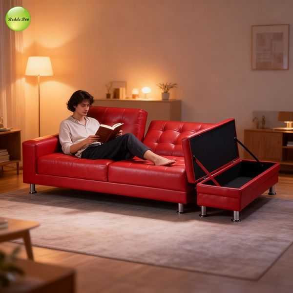 Multi-Functional PU Leather 3-Seater Sofa Bed with Storage Ottoman Space-Saving Sectional Sofa Convetible Sleeping Foldable Sofa Bed
