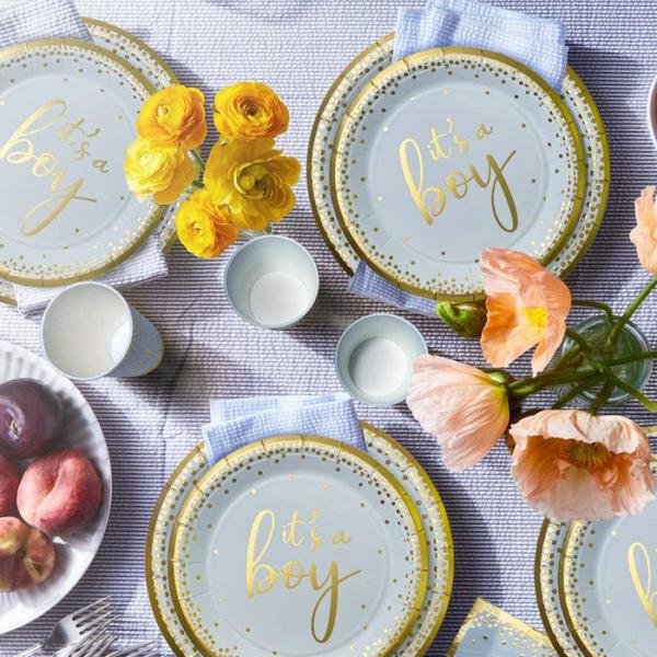 Blue And Gold Foil Biodegradable Plates Cups And Cutlery Napkins