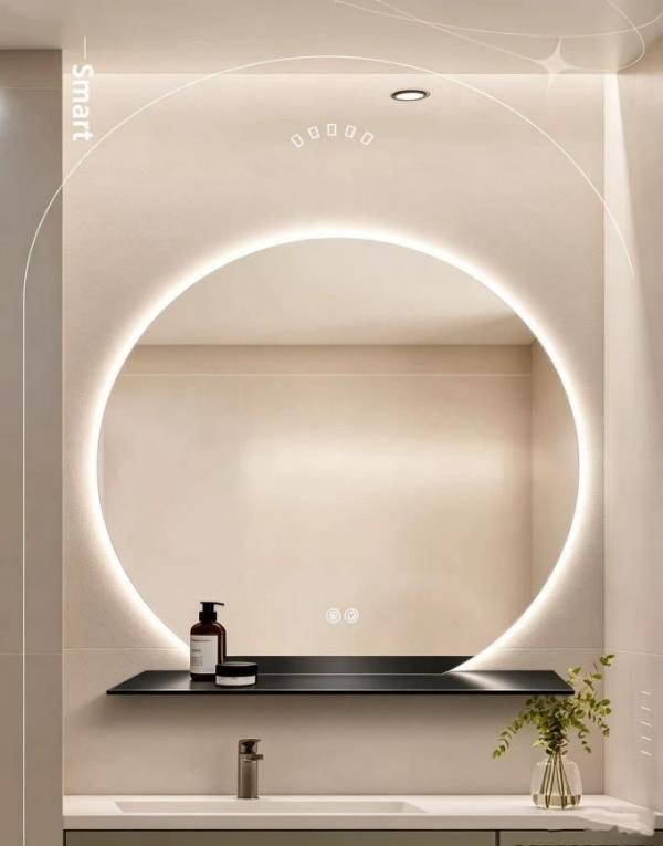 Modern Round LED Bathroom Mirror Storage Shelf Integrated Touch Switch IP44 Rated for Hotels Apartments Compact Toilets Vanities
