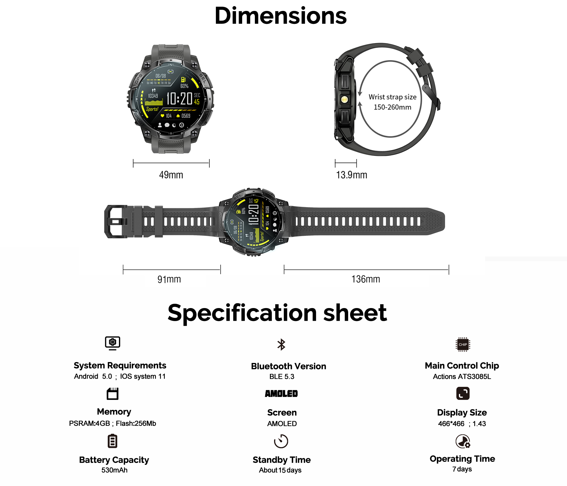 New K76A Android Smart Watch GPS AMOLED Display Chip ATS3085L 3ATM BT Call Answer Calls Message Push Compass LED Flashlight 5-10