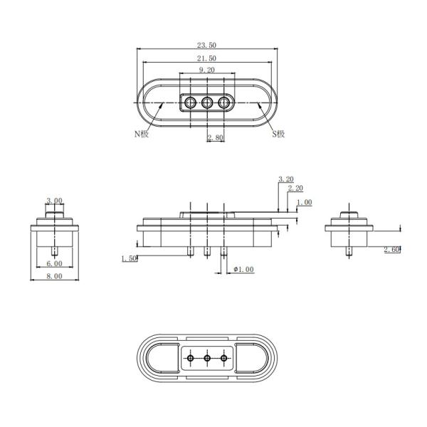 Conector de carga magnético macho y hembra de 3 pines con fuerza de resorte de 80 g y paso de 2,8 mm