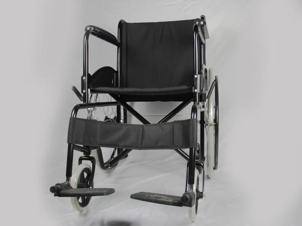 Low Price Basis Black Coating Steel Frame Folding Steel Wheelchair With Solid Wheel Fixed Armrest And Footrest
