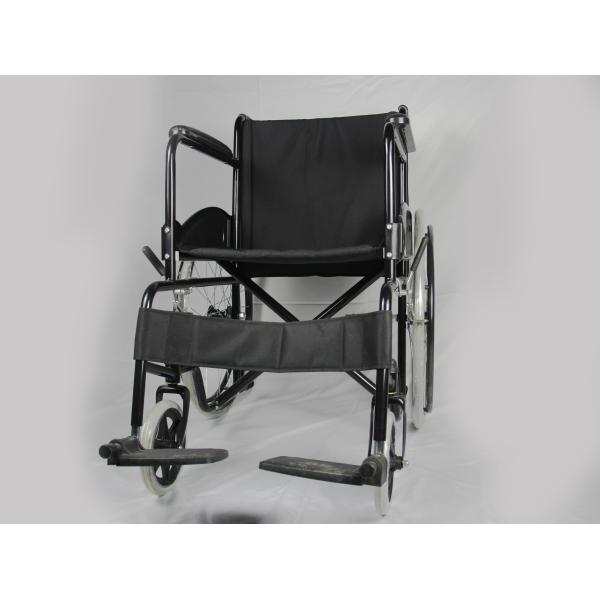 Low Price Basis Black Coating Steel Frame Folding Steel Wheelchair With Solid Wheel Fixed Armrest And Footrest