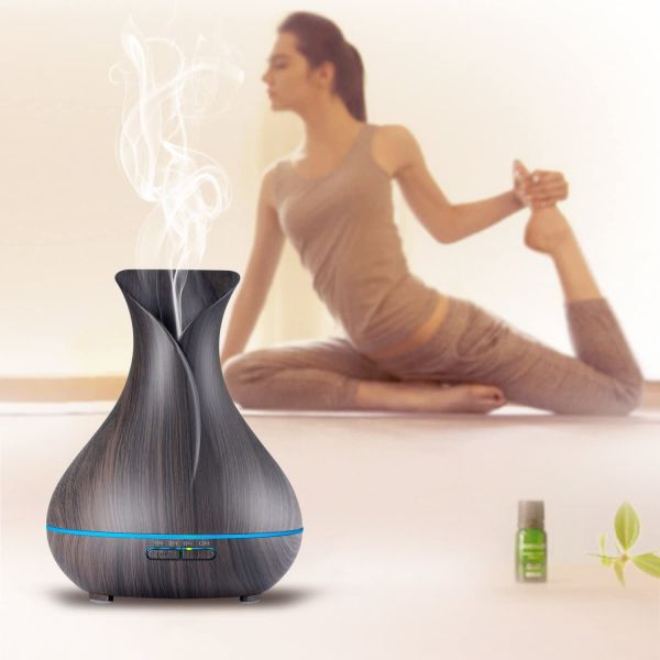 Classic 400ml Wood Grain Vase Flower Aromatherapy Essential Oil Diffuser With 7 Color LED Lights for Home,Bedroom