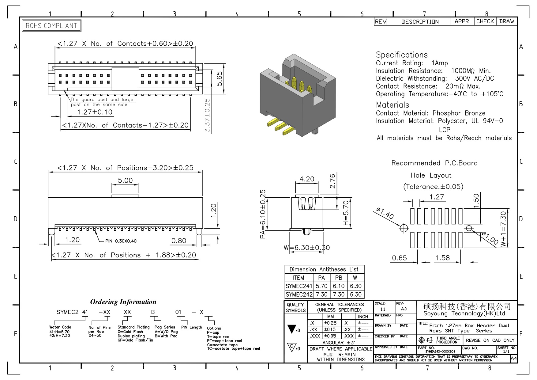 тип соединителя 1.27mm SMT заголовка коробки 300V AC/DC с колышками