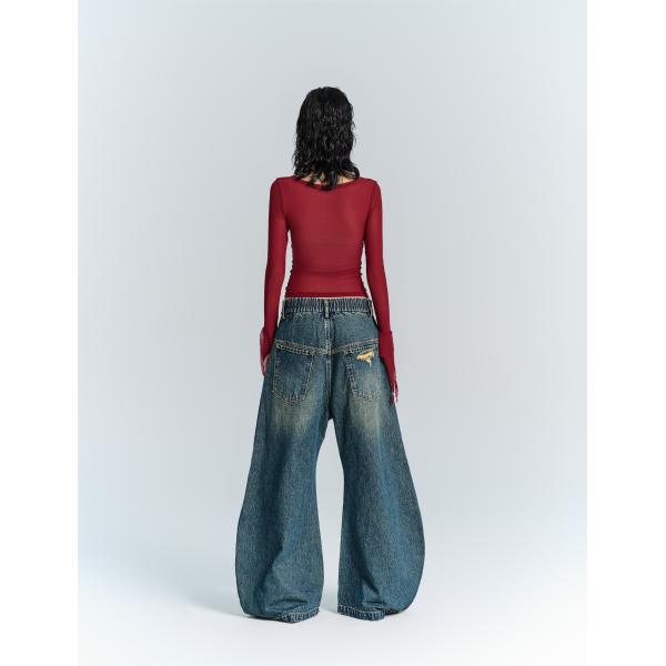Streetwear Fashion Y2K Style Wide Straight Leg Fit Denim Jeans with Hole Decoration