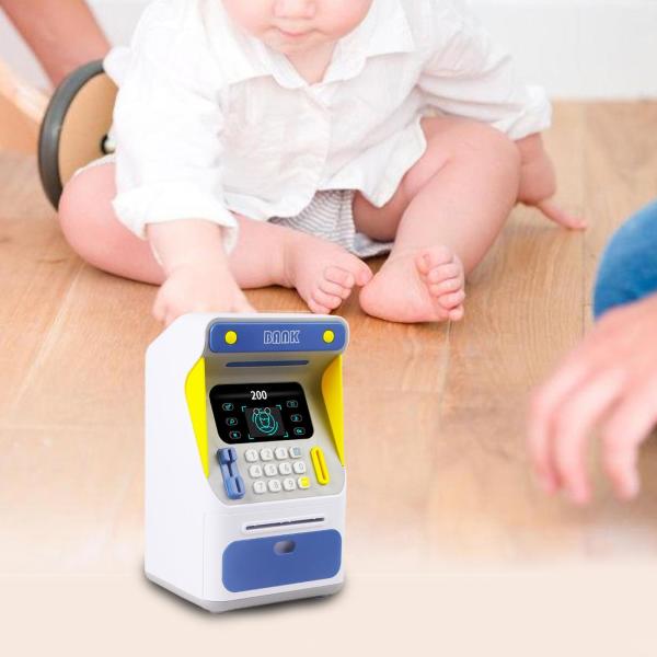 kids educational financial customs atm password put credit cards piggy bank blue color mini electronic safe