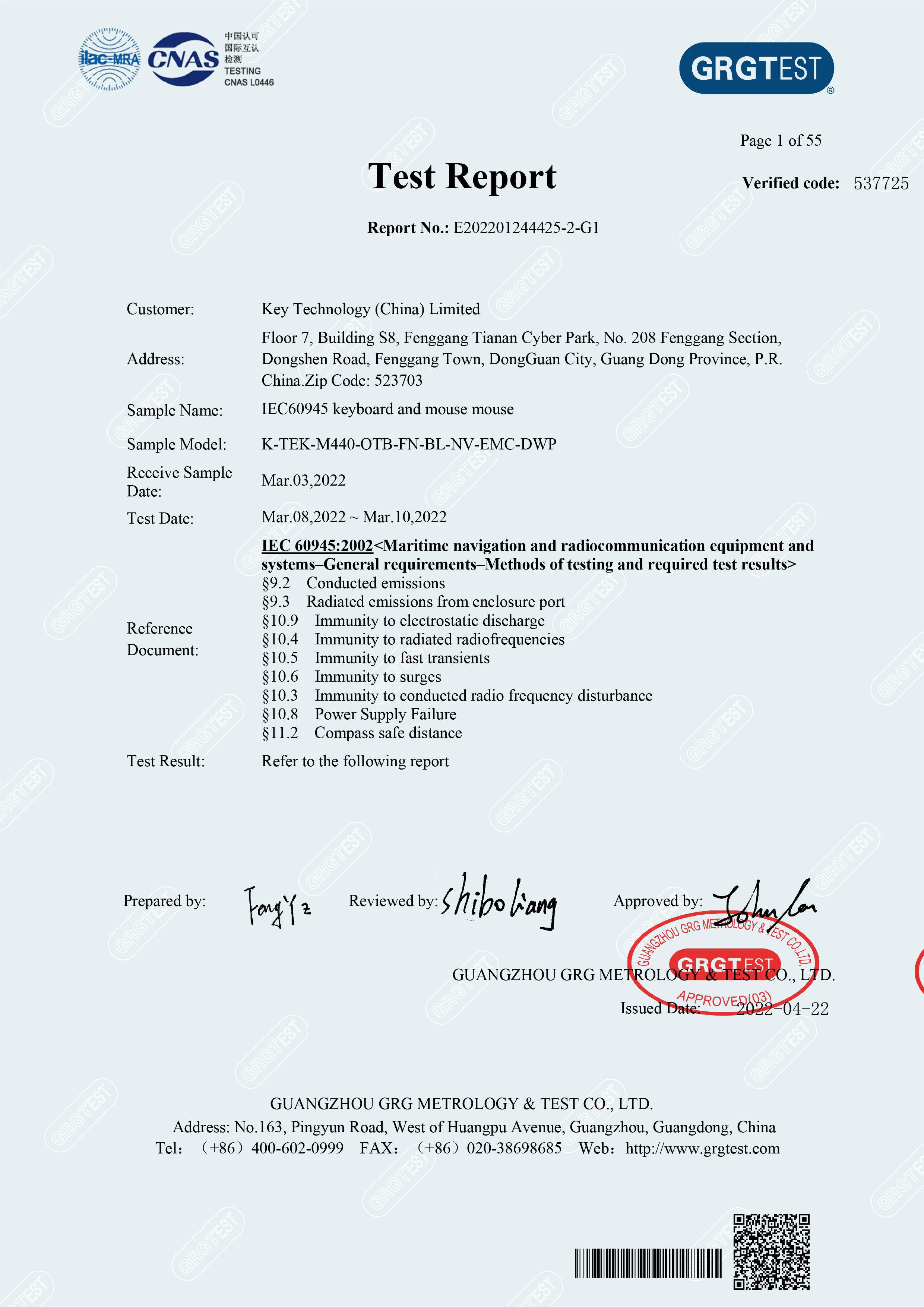 Key Technology ( China ) Limited Certifications