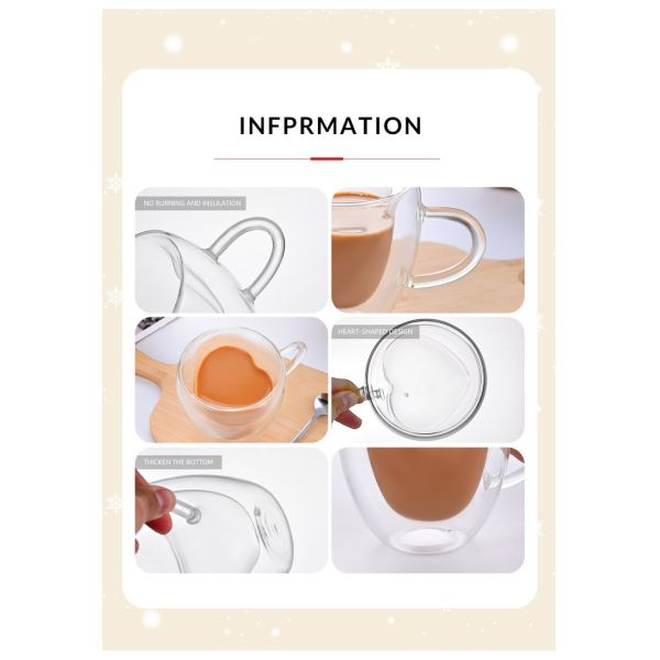 Clear Heart Shape Double Insulated Glass Mugs High Borosilicate Glass Coffee Mug