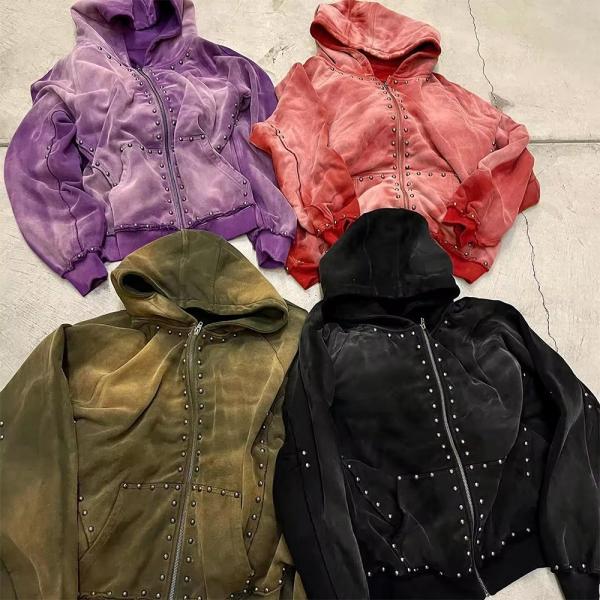 500gm preto de strass fechado com fechadura Homens Capuz Grande Outono Capuzado Capuz Sol Desbotado Ácido Lavar olhar