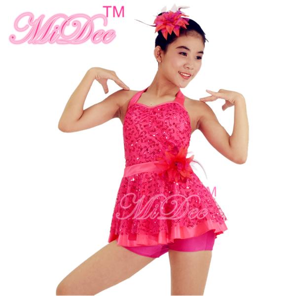 2 In 1 Pink Sleeveless Sequin Dress Leotard Girls Dance Costumes For Competition