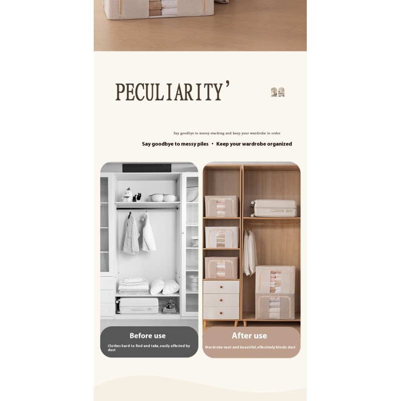 Modern Cotton Linen Clothing Storage Box with Steel Frame Foldable Quilt Down Jacket Organizer Fabric Storage Box