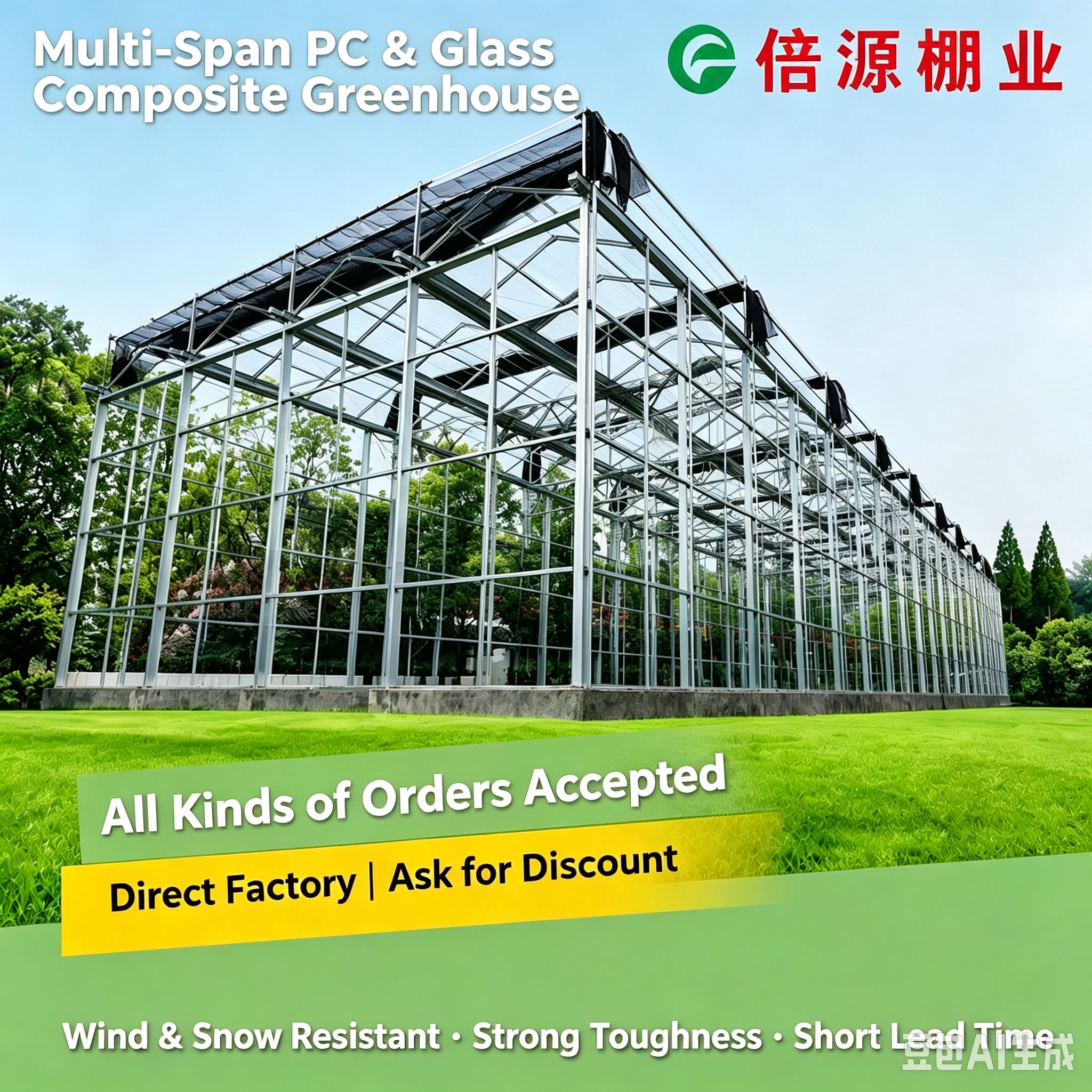 Multi‑Span Polycarbonate & Glass Composite Greenhouse