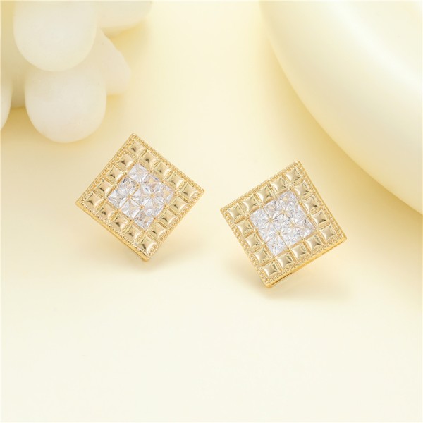 Jiexing Trendy Waffle Earrings 5A Zircon High Quality Women Earrings Square S925 Silver Needle Stud Earrings