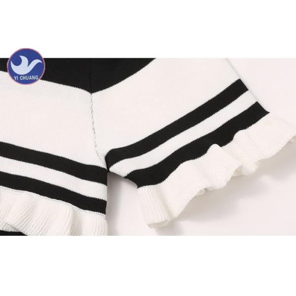Summer Crew Neck Short Sleeve Knit Dress Ruffle Stripes Pattern Anti - Shrink
