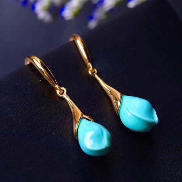 18K Gold Plated Sterling 925 Silver Turquoise Sculptured Tulip Drop Earring (EZ04925534)
