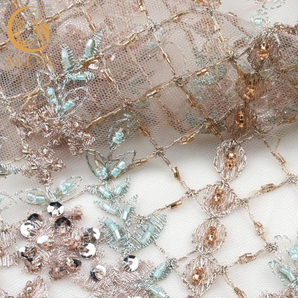 Gold Shiny Sequin Lace Fabric Tulle Embroidery Water Soluble For Evening Dress