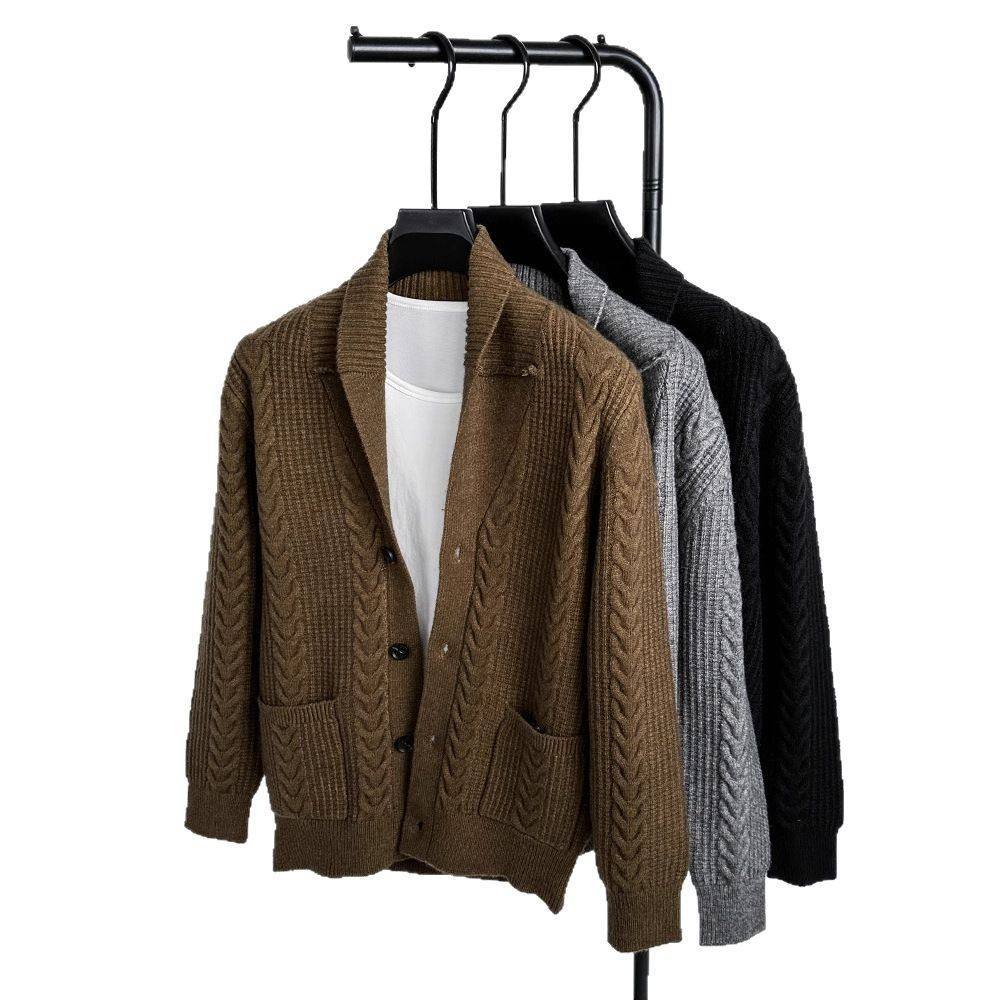 Men's Thick 30% Wool Cable Knit Cardigan Sweater Japanese-Style Retro Twist-Pattern V-Neck