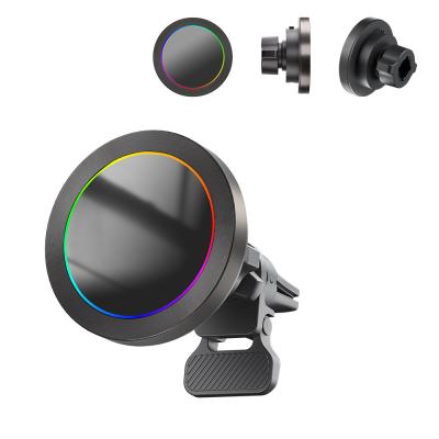 Iphone Car Charger Ultra Small Diameter Magnetic Wireless Charger Car Mount Aluminium Alloy Texture RGB Light Effect