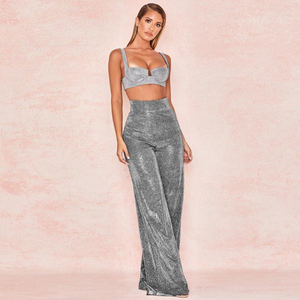 Silver Silk Ladies Casual Pants , Women's High Waisted Wide Leg Pants
