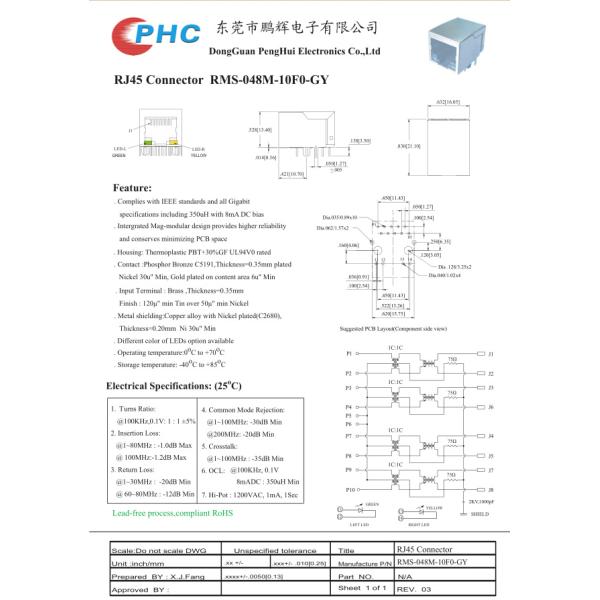 Gree Rj45 With Transformer , Right Angle Rj45 Giga Single Port  Tab-Up Intergrated Magnetics Ethernet