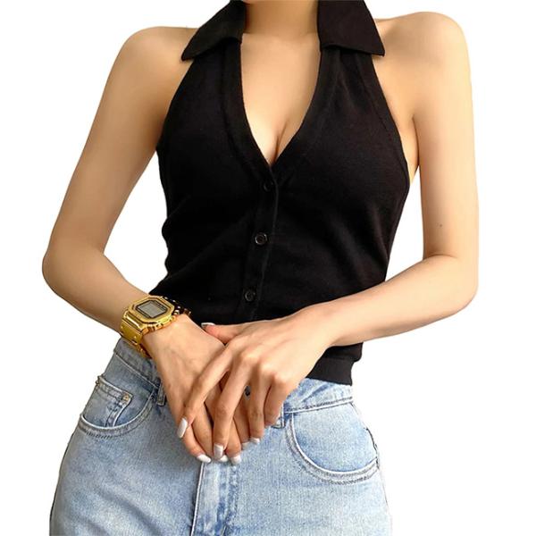 Верхней части урожая кнопки воротника поло женщин жилет Halter Streetwear Backless тонкий подходящий белый