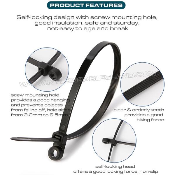 Collier attache câble nylon (PA) 6.6 avec trou de montage rond 300mm x 4,8, lien de serrage plastique à vis (50 lb) ceinture de cable à tête montable pour objets suspendus